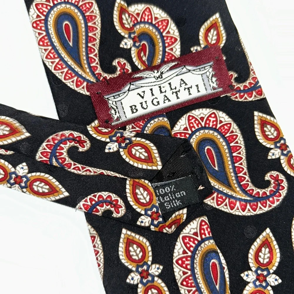 Villa Bugatti Black Paisley Italian Silk Necktie Luxury‎ Designer Classic